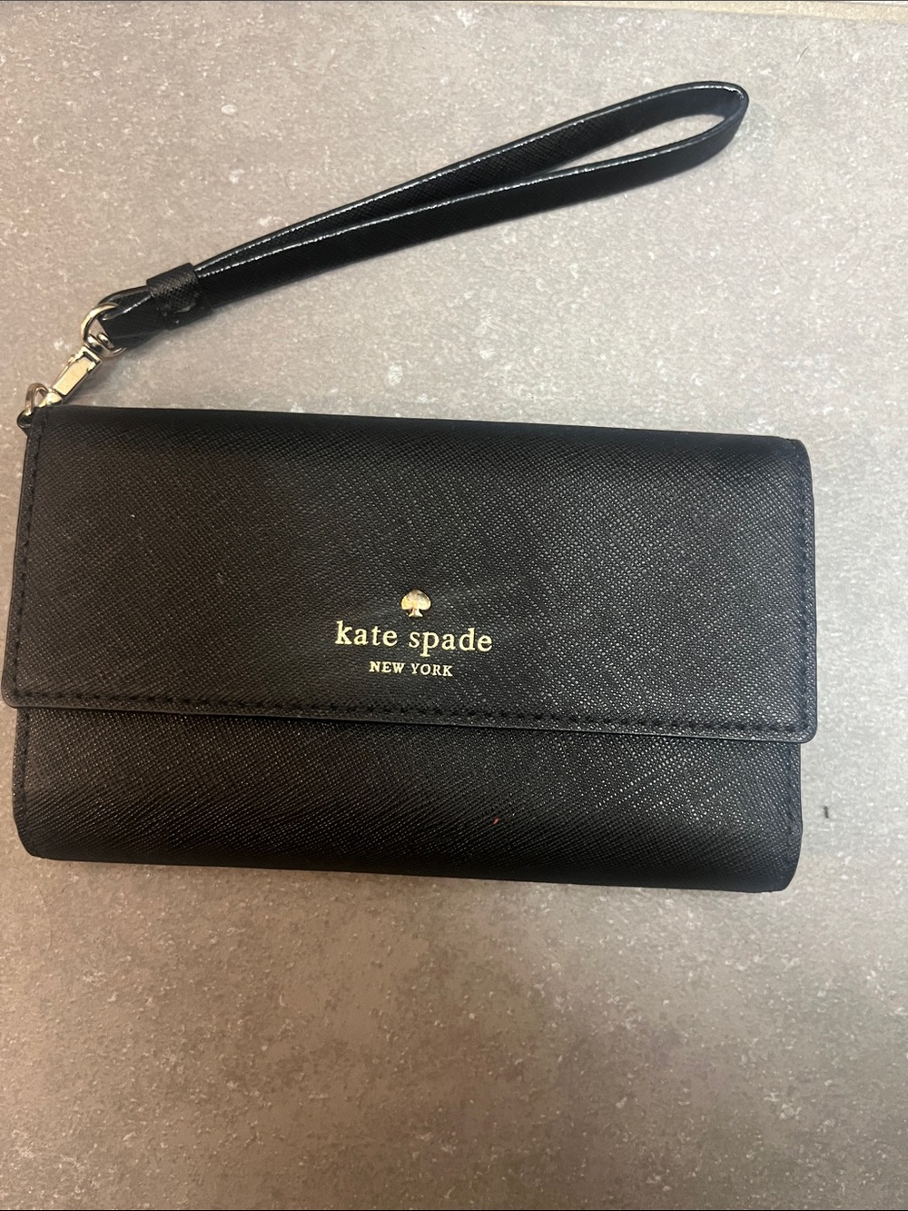kate spade Black Saffiano Wristlet with Gold Logo Accent